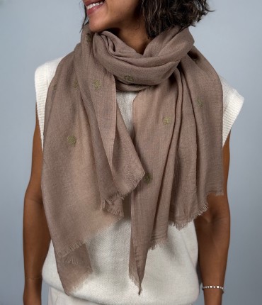 WOOL EMBROIDERED SCARF - DARK BEIGE