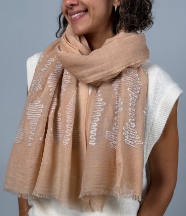 WOOL EMBROIDERED SCARF - BEIGE