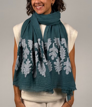 WOOL EMBROIDERED SCARF - DARK TEAL