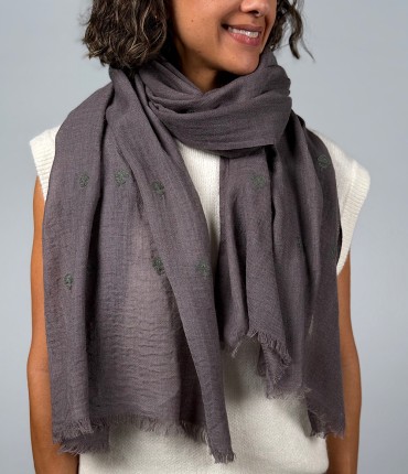 WOOL EMBROIDERED SCARF - DARK GRAY